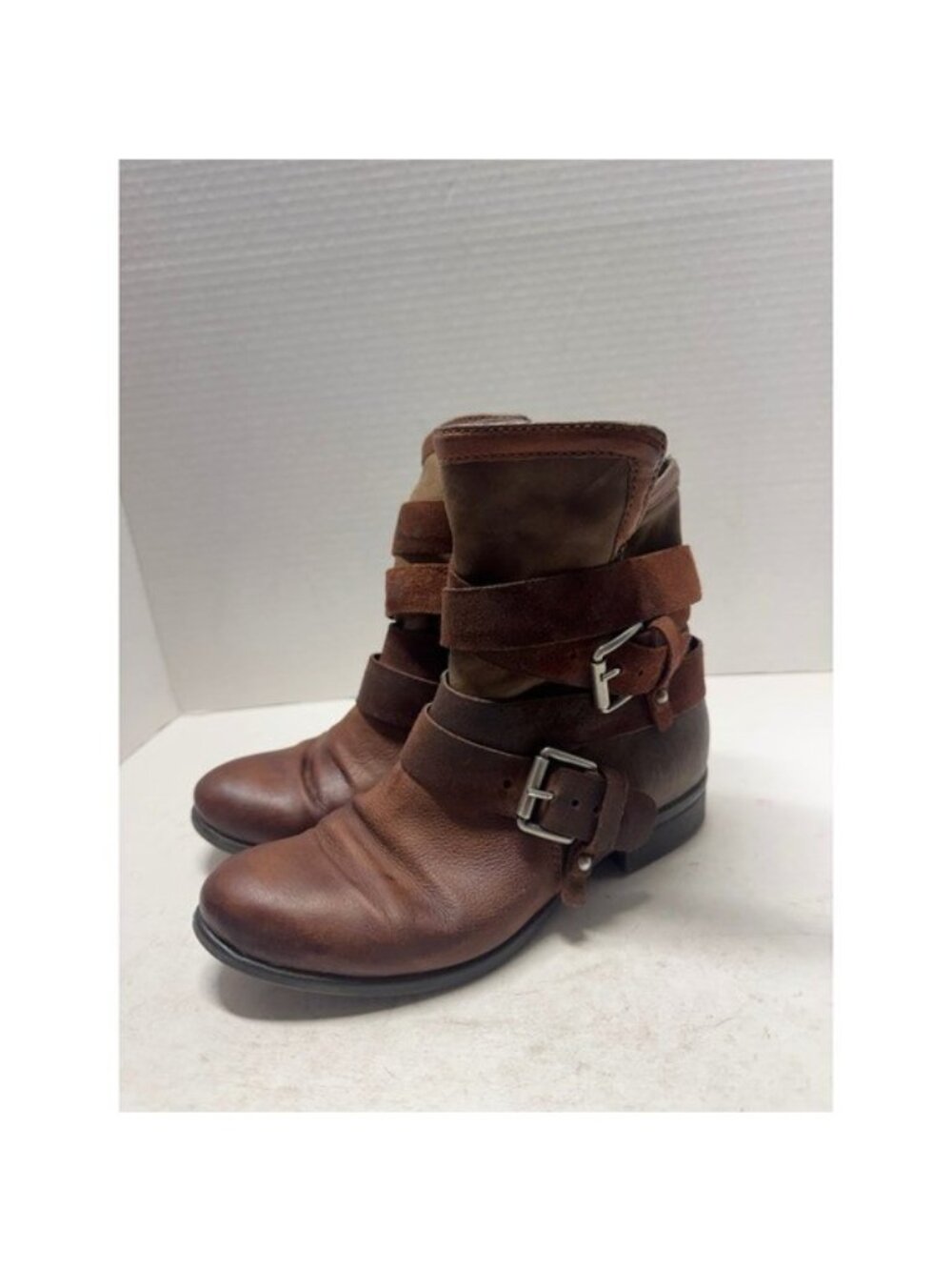 Miz Mooz Brown Leather Moto Ankle Boots Buckle Straps Side Zip Size 36 EU 6 US